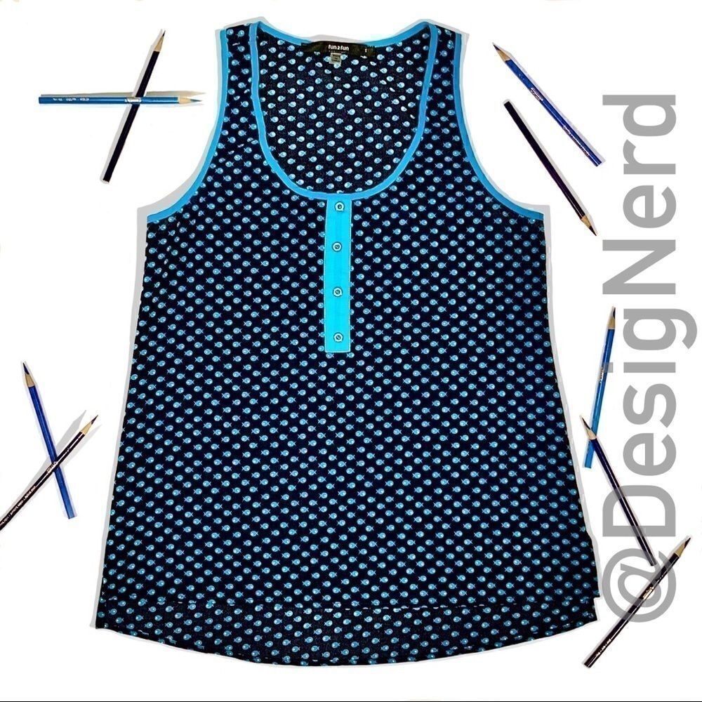 MODCLOTH RACERBACK HENLEY TANK TOP IN BLUE FISH TINY PRINT WOMEN’S SIZE SMALL